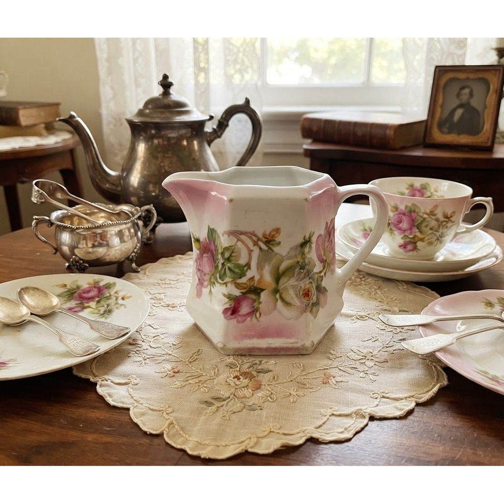 Antique German Porcelain Creamer Pink Roses Hexagonal Pitcher C.1900